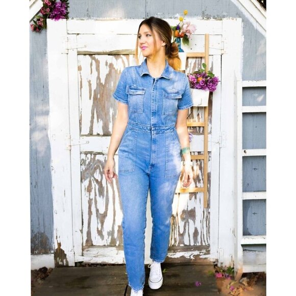 Good American Pants - Good American Fit For Success Denim Short Sleeves Cargo Cotton Jumpsuit 1 Small